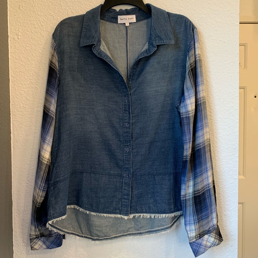 Bella Dahl Blue Plaid Cotton Button Raw Hem Top.